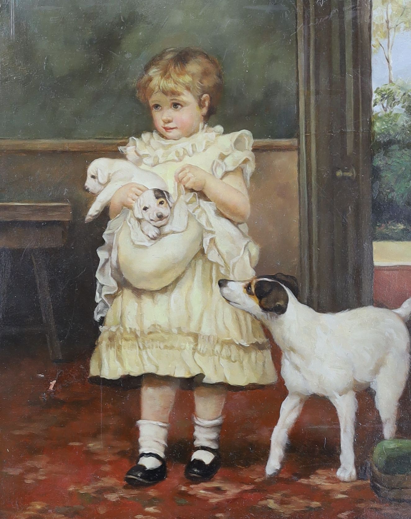 After of Charles Burton Barber, R.O.I., (1845-1894), oil on panel, Girl with dog and puppies, 25 x 20cm